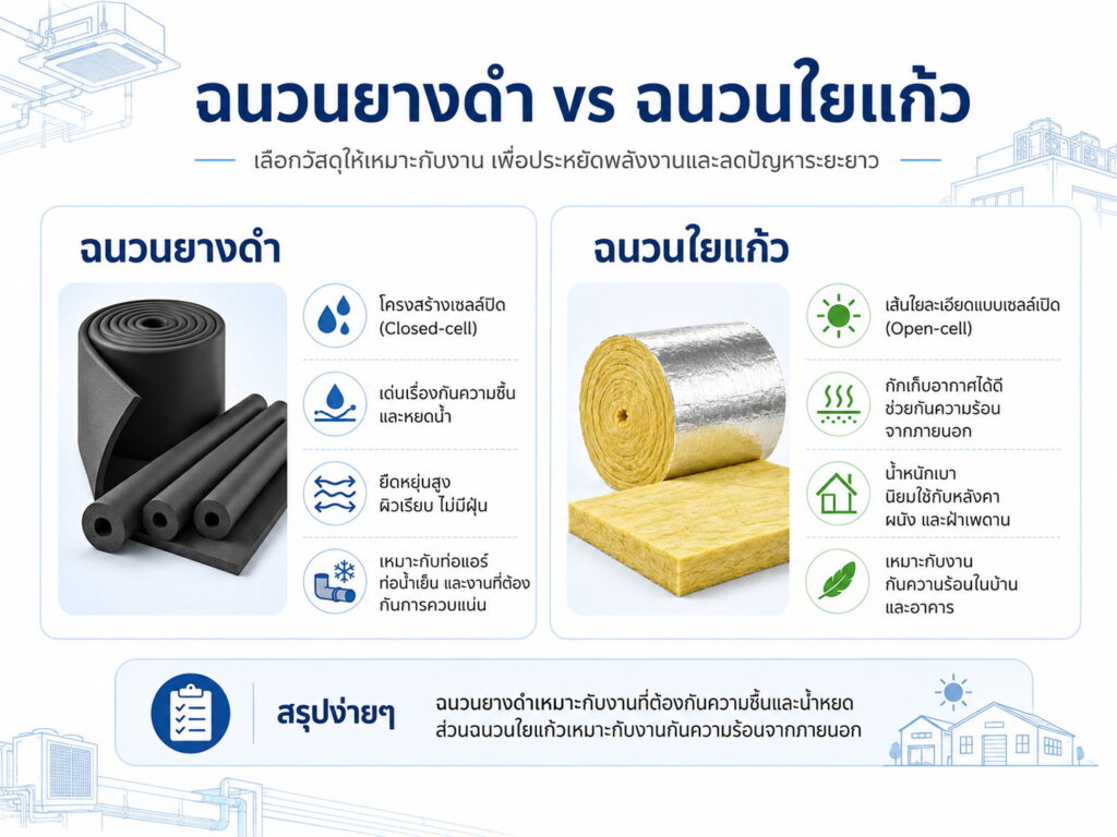 ฉนวนยางดำ(Elastomeric Foam) และ ฉนวนใยแก้ว (Glass Wool)