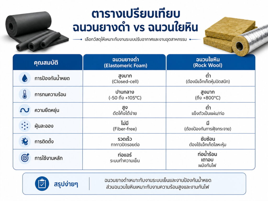 ตารางฉนวนยางดำ vs ฉนวนใยหิน