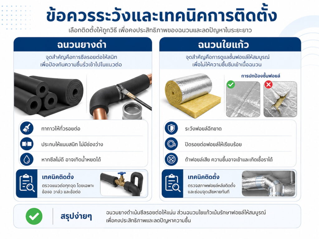 ข้อควรระวังและเทคนิคการติดตั้งฉนวนยางดำ และฉนวนใยแก้ว
