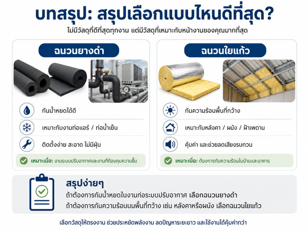 บทสรุปเลือกฉนวนยางดำ หรือ ฉนวนใยแก้ว