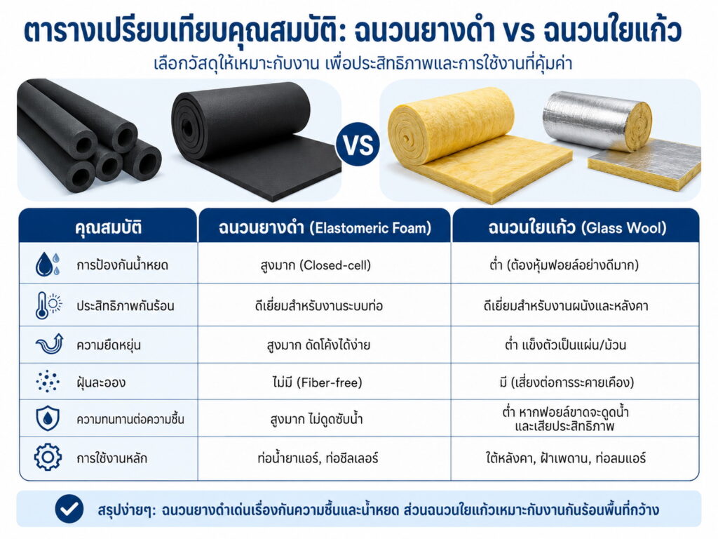 คุณสมบัติ: ฉนวนยางดำ vs ฉนวนใยแก้ว