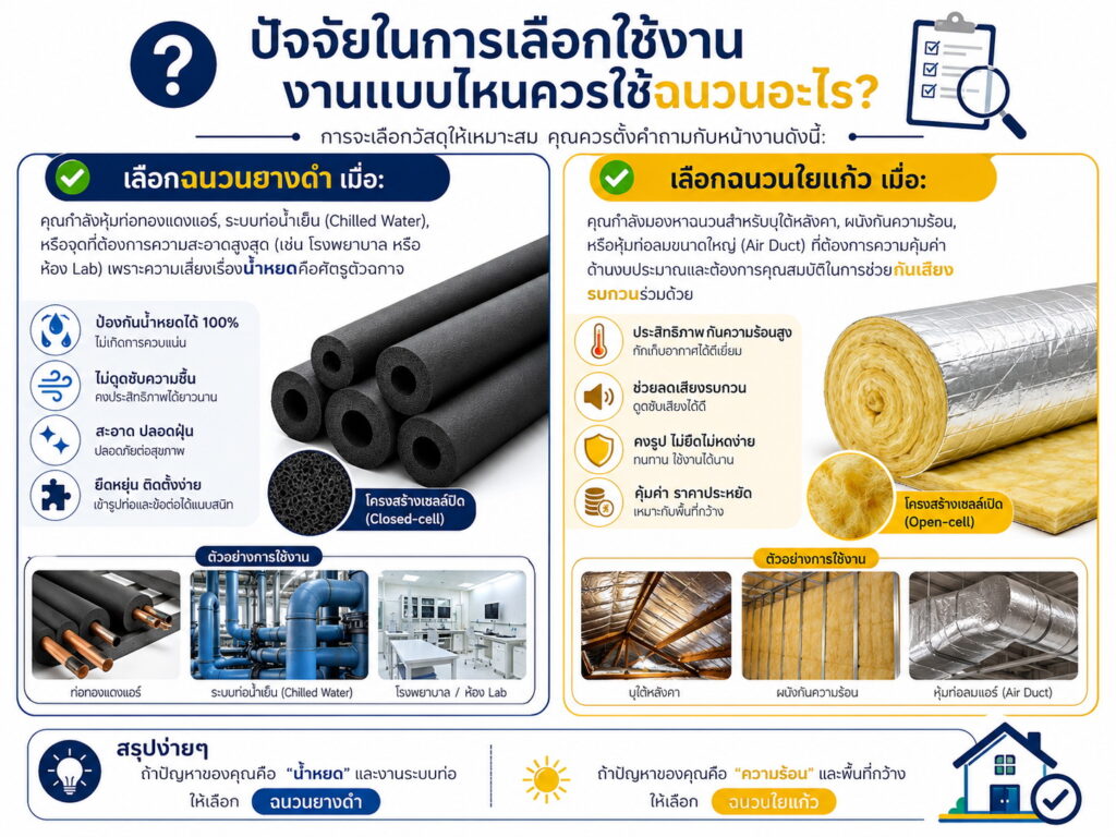 ปัจจัยในการเลือกใช้งาน ฉนวนยางดำ หรือ ฉนวนใยแก้ว