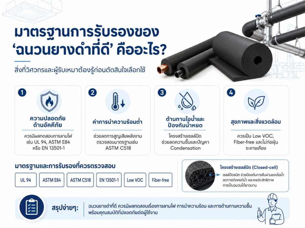 "ฉนวนยางดำที่เราใช้อยู่นั้น มีมาตรฐานรับรองความปลอดภัยที่เชื่อถือได้จริงหรือไม่