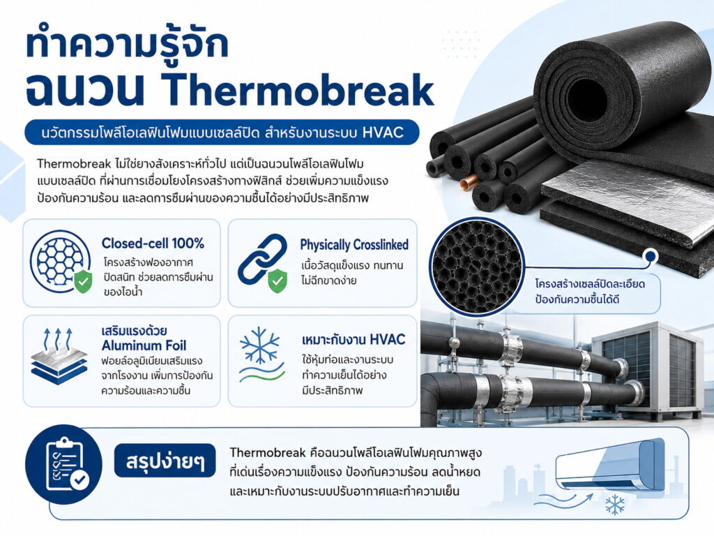 Thermobreak ไม่ใช่ยางสังเคราะห์ แบบทั่วไป ทว่าคือนวัตกรรม ฉนวนโพลีโอเลฟินโฟมแบบเซลล์ปิดที่มีการเชื่อมโยงโครงสร้างทางฟิสิกส์ (Physically Crosslinked Closed-Cell Polyolefin Foam)