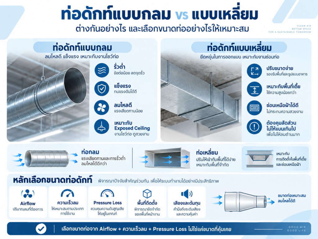 ท่อดักท์แบบกลมกับแบบเหลี่ยมต่างกันอย่างไร